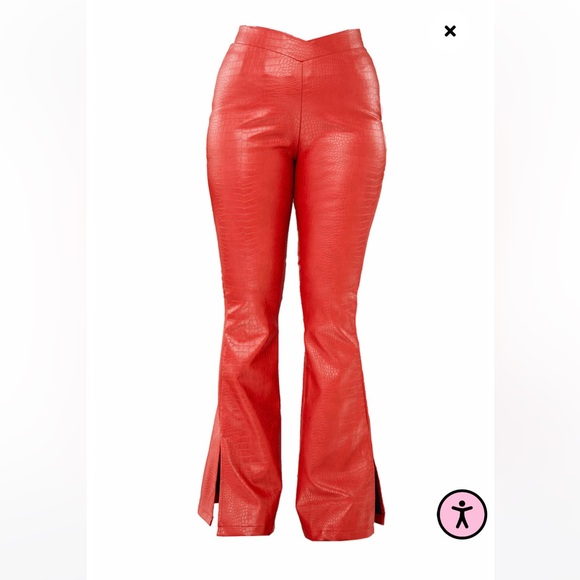 PrettyLittleThing RED FAUX LEATHER CROC V FRONT FLARED PANTS NWT SIZE 8 - Picture 5 of 8